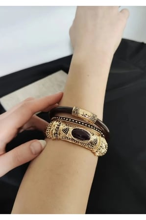 Antik Gold Etnik Kelepçe Taşlı Bohem Bilezik Seti-Çelik Antialerjik VIP Vintage Bileklik Set