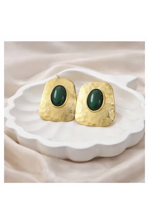 Yeşil Taşlı Çelik Gold Plakalı Küpe Kararmaz Vintage Antialerjik VIP Lüks Kadın Küpe