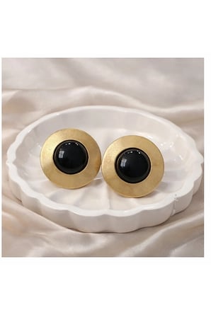 Taşlı Düğme Küpe - Gold Plaka Yuvarlak Vintage Antialerjik Paslanmaz Çelik VIP Kadın Küpe