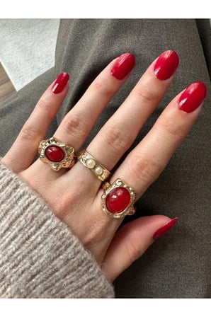 Vintage Dövme Kırmızı Taşlı 3'lü Yüzük Seti - 14K Gold İncili Bohem Antik Kadın Yüzük Seti