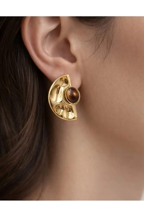 Vintage Gold Dalgalı Yarım Ay Küpe Renkli Taşlı Çelik Antialerjik VIP Kararmaz Kadın Küpe