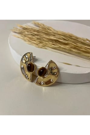 Vintage Gold Dalgalı Yarım Ay Küpe Renkli Taşlı Çelik Antialerjik VIP Kararmaz Kadın Küpe
