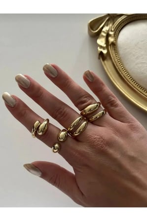 Kalın Dome Chunky Yüzük Seti - 14K Gold Ayarlanabilir Bombeli Modern Minimal Kadın Yüzük Seti