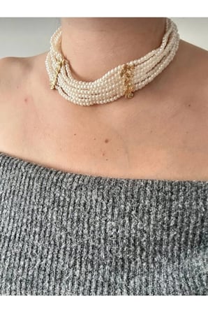 Çok Sıralı İnci Choker Kolye - 14K Gold Ara Detaylı Vintage Gösterişli Davet Boyunluk Kadın Kolye