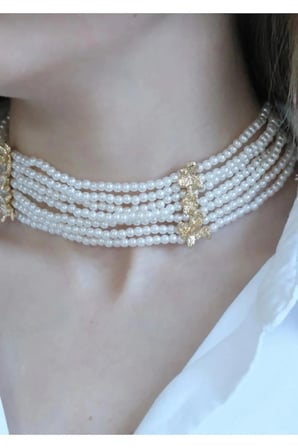 Çok Sıralı İnci Choker Kolye - 14K Gold Ara Detaylı Vintage Gösterişli Davet Boyunluk Kadın Kolye
