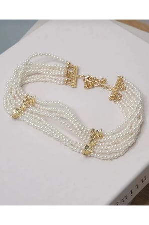 Çok Sıralı İnci Choker Kolye - 14K Gold Ara Detaylı Vintage Gösterişli Davet Boyunluk Kadın Kolye