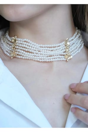 Çok Sıralı İnci Choker Kolye - 14K Gold Ara Detaylı Vintage Gösterişli Davet Boyunluk Kadın Kolye