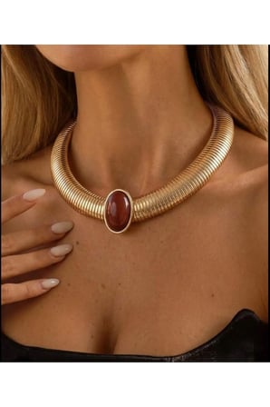 Kalın Choker Kolye - 14K Gold İri Oval Bordo Taşlı Vintage Statement Boyunluk Özel Gün Kolyesi