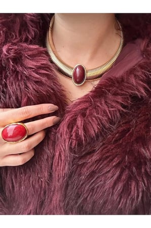 Kalın Choker Kolye - 14K Gold İri Oval Bordo Taşlı Vintage Statement Boyunluk Özel Gün Kolyesi