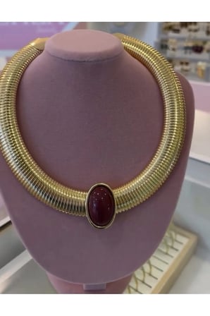 Kalın Choker Kolye - 14K Gold İri Oval Bordo Taşlı Vintage Statement Boyunluk Özel Gün Kolyesi