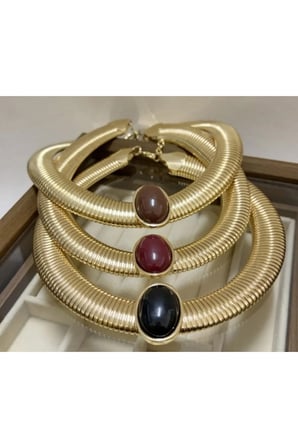 Kalın Choker Kolye - 14K Gold İri Oval Bordo Taşlı Vintage Statement Boyunluk Özel Gün Kolyesi