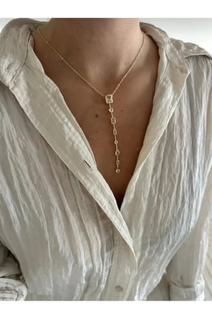 Baget Taşlı Y Kolye - 14K Gold Beyaz Zirkon Taşlı Farklı Kesim Sarkıt Zarif Kadın Kolye