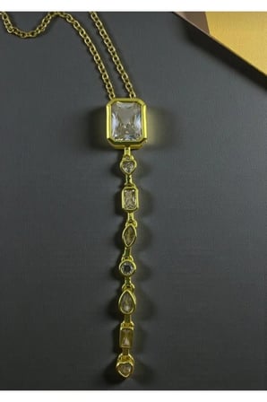 Baget Taşlı Y Kolye - 14K Gold Beyaz Zirkon Taşlı Farklı Kesim Sarkıt Zarif Kadın Kolye