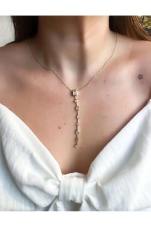 Baget Taşlı Y Kolye - 14K Gold Beyaz Zirkon Taşlı Farklı Kesim Sarkıt Zarif Kadın Kolye
