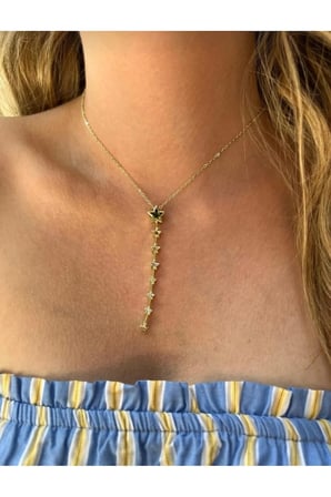 Yıldız Detaylı Y Kolye - 14K Gold Zirkon Taşlı Sarkıt Kademeli Modern Kadın Kolye