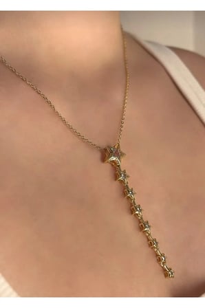 Yıldız Detaylı Y Kolye - 14K Gold Zirkon Taşlı Sarkıt Kademeli Modern Kadın Kolye