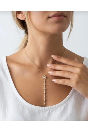 Yıldız Detaylı Y Kolye - 14K Gold Zirkon Taşlı Sarkıt Kademeli Modern Kadın Kolye