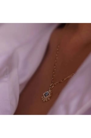 Göz Figürlü Nazar Vintage Kolye - 14K Gold Çerçeve Işınsal Zirkon Taşlı Turkuaz Paperclip Zincirli Kadın Kolye