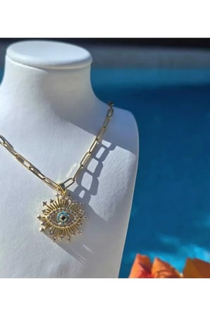 Göz Figürlü Nazar Vintage Kolye - 14K Gold Çerçeve Işınsal Zirkon Taşlı Turkuaz Paperclip Zincirli Kadın Kolye