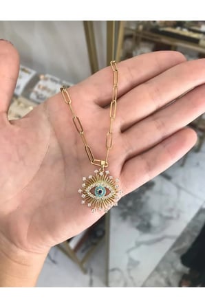Göz Figürlü Nazar Vintage Kolye - 14K Gold Çerçeve Işınsal Zirkon Taşlı Turkuaz Paperclip Zincirli Kadın Kolye