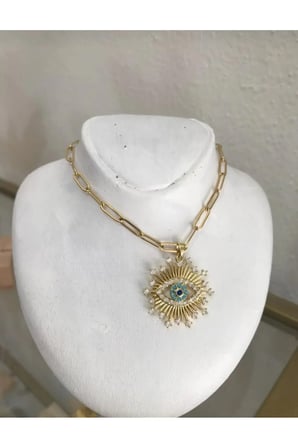 Göz Figürlü Nazar Vintage Kolye - 14K Gold Çerçeve Işınsal Zirkon Taşlı Turkuaz Paperclip Zincirli Kadın Kolye
