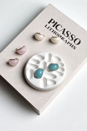 Oval Kabaşon Küpe - Vintage Renkli Doğal Taşlı Pastel Minimalist Çelik Antialerjik VIP Küpe