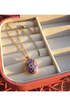 Açılır Foto Madalyon Kolye - 14K Gold Lila Mor Mineli Çiçek Desenli Vintage Ayarlanabilir Fotoğraflı Kadın Kolye