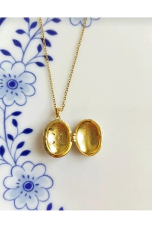 Açılır Foto Madalyon Kolye - 14K Gold Lila Mor Mineli Çiçek Desenli Vintage Ayarlanabilir Fotoğraflı Kadın Kolye