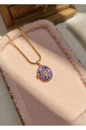Açılır Foto Madalyon Kolye - 14K Gold Lila Mor Mineli Çiçek Desenli Vintage Ayarlanabilir Fotoğraflı Kadın Kolye