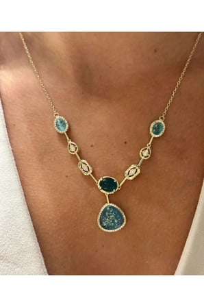 Opal Efektli Mavi Taşlı Sarkıtlı Vintage Kolye - 14K Gold Zincirli Zirkon Taşlı Zarif Özel Gün Davet Kolyesi