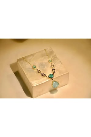 Opal Efektli Mavi Taşlı Sarkıtlı Vintage Kolye - 14K Gold Zincirli Zirkon Taşlı Zarif Özel Gün Davet Kolyesi