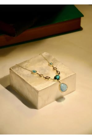 Opal Efektli Mavi Taşlı Sarkıtlı Vintage Kolye - 14K Gold Zincirli Zirkon Taşlı Zarif Özel Gün Davet Kolyesi