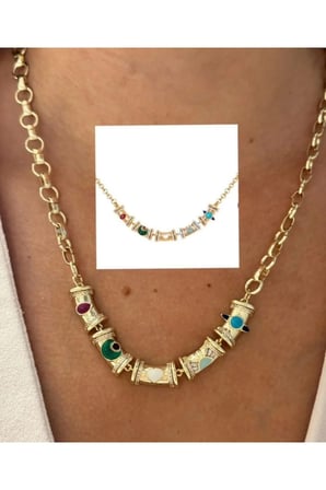 Mineli Nazar Kalp Ay Figürlü Statement Kolye - 14K Gold Kalın Zincirli Zirkon Taşlı Vintage Şans Kolyesi