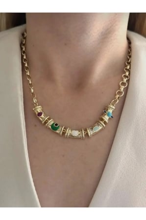 Mineli Nazar Kalp Ay Figürlü Statement Kolye - 14K Gold Kalın Zincirli Zirkon Taşlı Vintage Şans Kolyesi