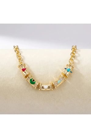 Mineli Nazar Kalp Ay Figürlü Statement Kolye - 14K Gold Kalın Zincirli Zirkon Taşlı Vintage Şans Kolyesi