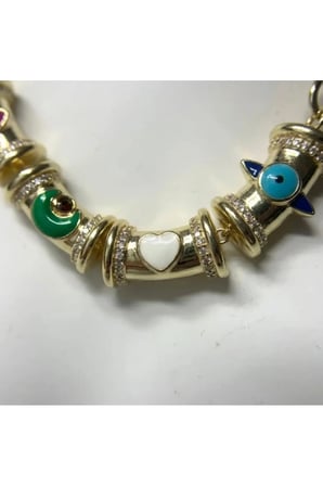 Mineli Nazar Kalp Ay Figürlü Statement Kolye - 14K Gold Kalın Zincirli Zirkon Taşlı Vintage Şans Kolyesi