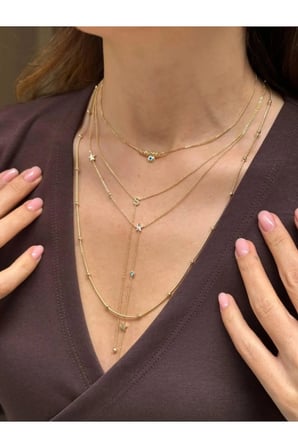 Yıldız Detaylı Vintage Y Kolye - 14K Gold Turkuaz Taşlı Sarkıt Zincirli Antialerjik Bohem Kadın Kolye