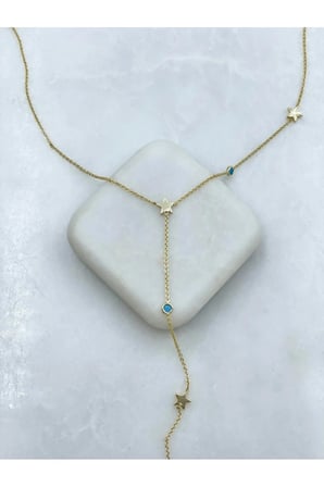 Yıldız Detaylı Vintage Y Kolye - 14K Gold Turkuaz Taşlı Sarkıt Zincirli Antialerjik Bohem Kadın Kolye