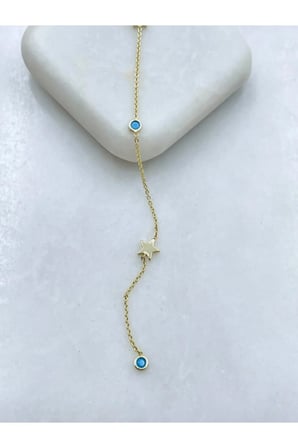 Yıldız Detaylı Vintage Y Kolye - 14K Gold Turkuaz Taşlı Sarkıt Zincirli Antialerjik Bohem Kadın Kolye
