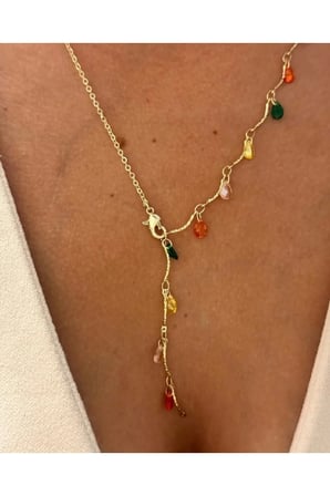 Renkli Damla Taşlı Bohem Vintage Kolye - 14K Gold Dövme Zincirli Çok Renkli Reçine Taşlı Antialerjik Yazlık Kolye