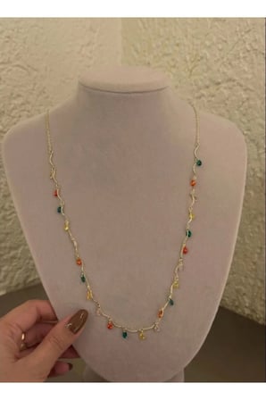 Renkli Damla Taşlı Bohem Vintage Kolye - 14K Gold Dövme Zincirli Çok Renkli Reçine Taşlı Antialerjik Yazlık Kolye