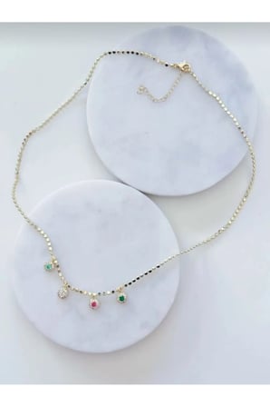 Renkli Zirkon Taşlı Çember Sarkıtlı Vintage Kolye - 14K Gold Pul Zincirli Antialerjik Şık Kadın Kolye