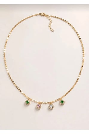 Renkli Zirkon Taşlı Çember Sarkıtlı Vintage Kolye - 14K Gold Pul Zincirli Antialerjik Şık Kadın Kolye