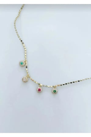 Renkli Zirkon Taşlı Çember Sarkıtlı Vintage Kolye - 14K Gold Pul Zincirli Antialerjik Şık Kadın Kolye