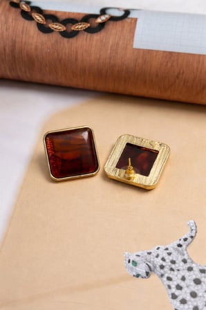 Vintage Kare Tortoise Desenli Küpe - VIP Seri Amber Kahve Retro Tasarım Kararmaz Düğme Küpe