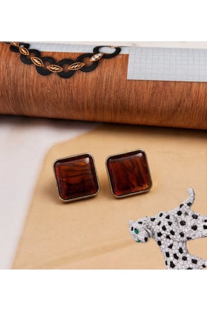 Vintage Kare Tortoise Desenli Küpe - VIP Seri Amber Kahve Retro Tasarım Kararmaz Düğme Küpe