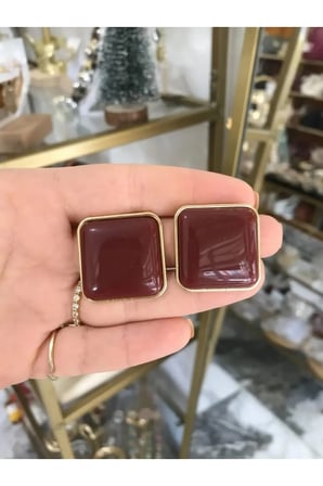Vintage Kare Tortoise Desenli Küpe - VIP Seri Kiremit Bordo Retro Tasarım Kararmaz Düğme Küpe