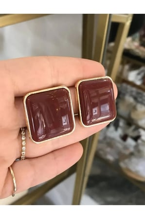 Vintage Kare Tortoise Desenli Küpe - VIP Seri Kiremit Bordo Retro Tasarım Kararmaz Düğme Küpe