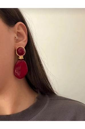 Vintage Mürdüm Bordo Büyük Damla Küpe - VIP Seri Sallantılı Retro Tasarım Kararmaz Kadın Küpe