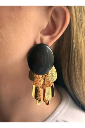 Vintage Siyah Oval Taşlı Yaprak Sallantılı Küpe - VIP Seri Dövme Plaka Tasarım Kararmaz Küpe